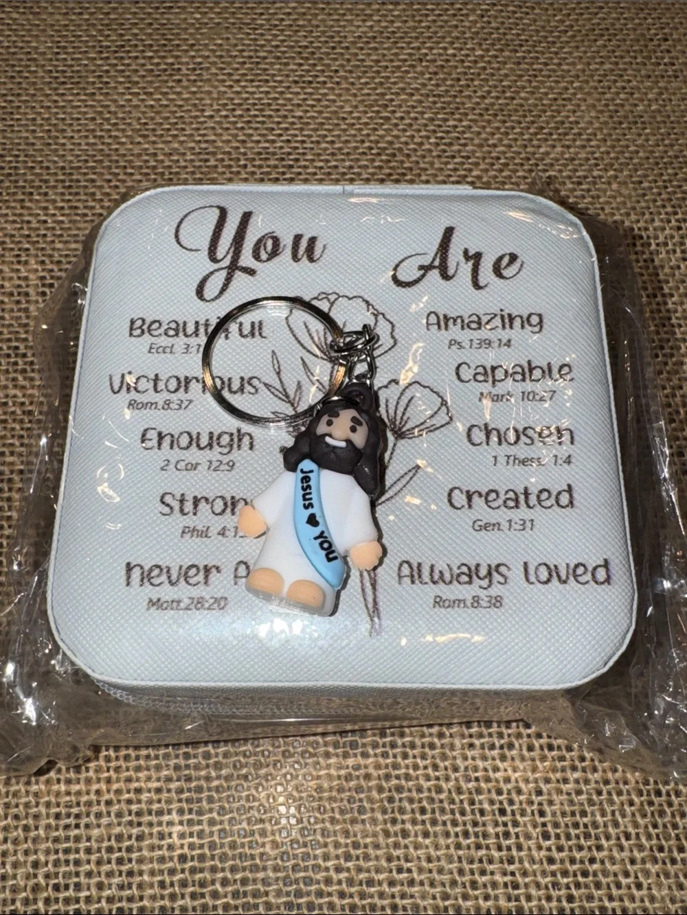 Light Blue Travel Inspirational Zip Around Jewelry Box with Baby Jesus Keychain